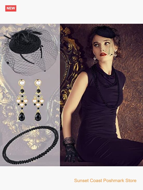 Fascinator Hat Set with Mesh Veil Lace Gloves Necklace Earrings Tea Party main image 4